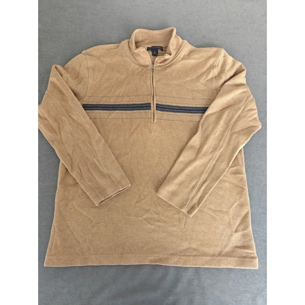 Banana Republic Mens Medium 1/4 Zip Sweater Tan Cotton Knit Pullover Mock Neck